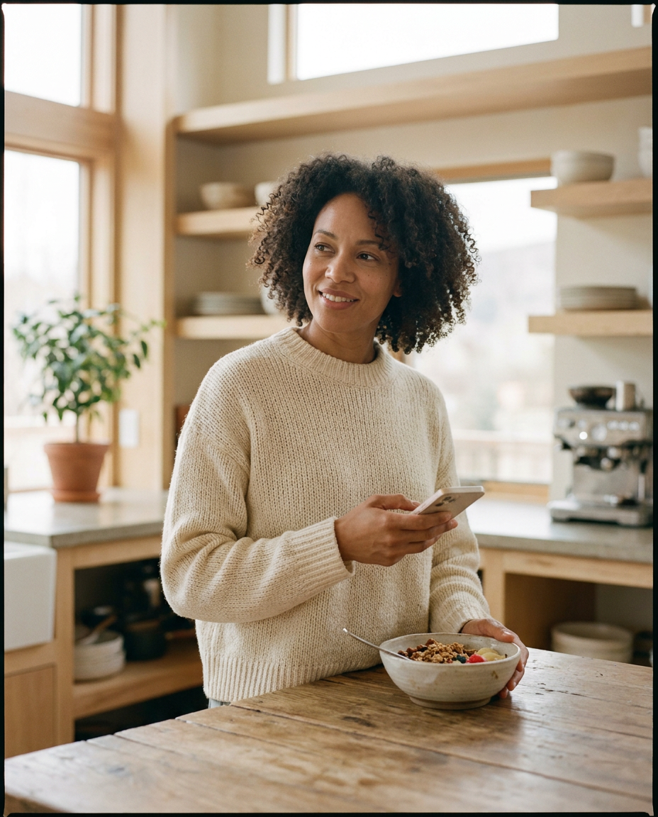 A woman on her GLP-1 journey in a bright kitchen